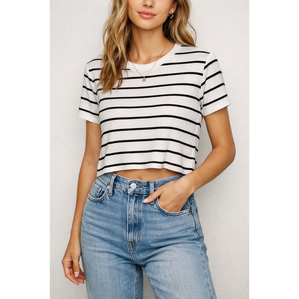 1. State White Cropped Tee with Black Stripes